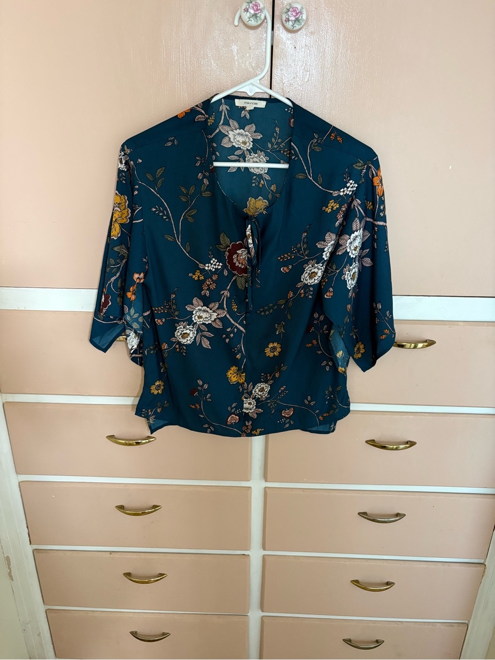 Maurices Deep Teal Floral Keyhole Blouse